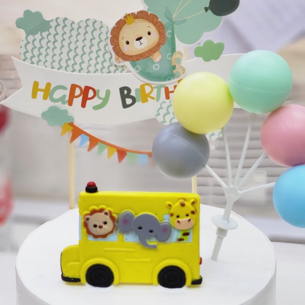 Pastel Blue Sky Cream Cake + Animal School Bus topper Set