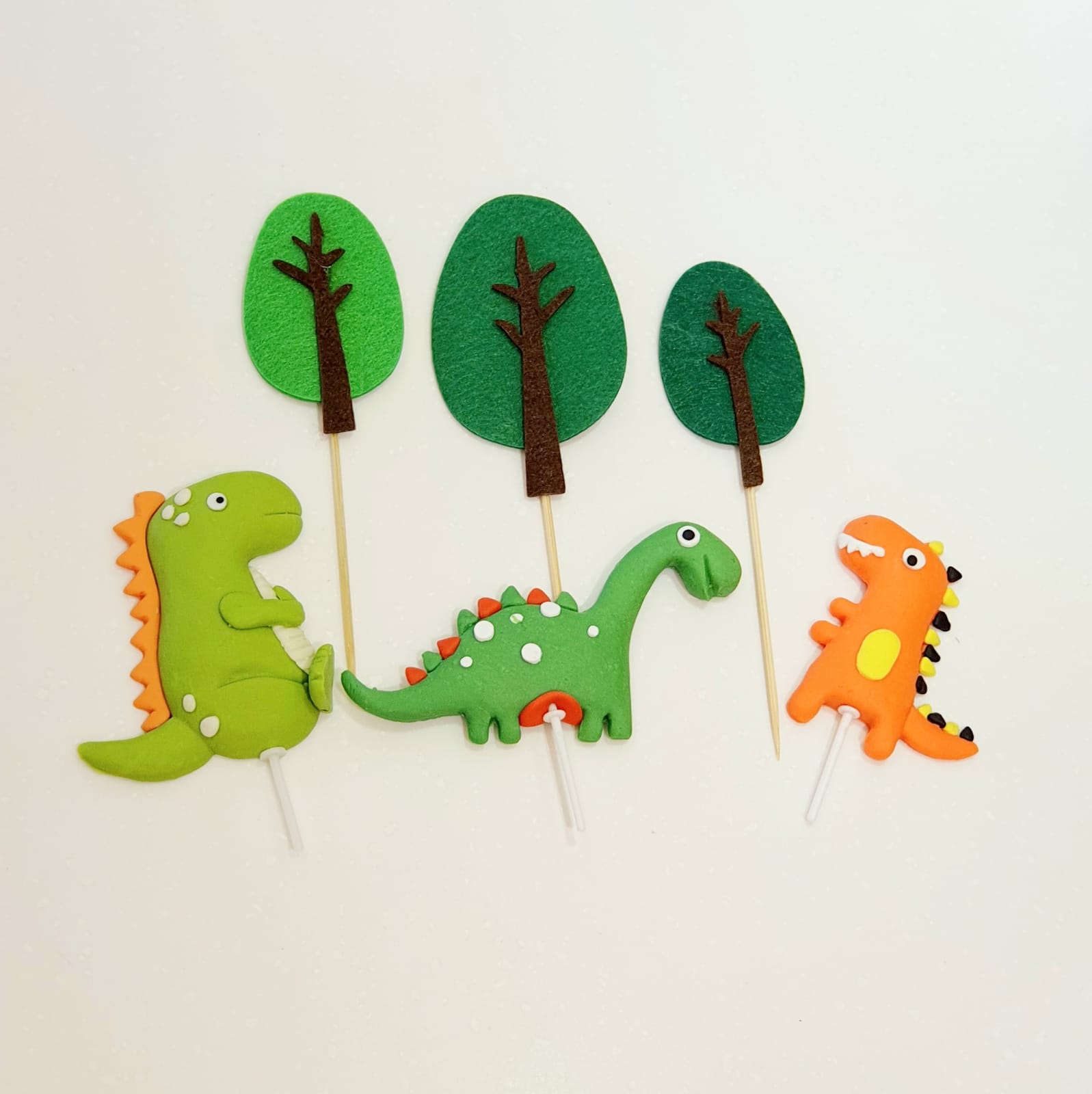 Dinosaurs on sticks and felt Trees Topper Set Delcie's Desserts and Cakes