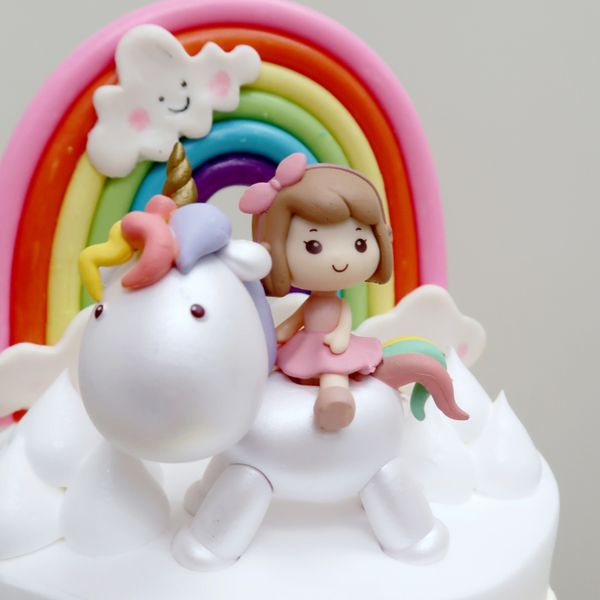 Cream Fantasy Cloud Cake + Girl on Unicorn Rainbow Toppers